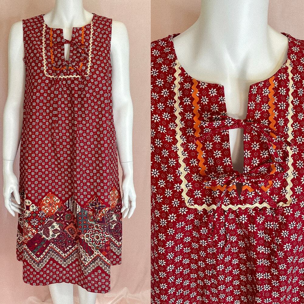 VINTAGE 1960's Bohemian Red Patchwork Ric Rac Dress SMALL - Picture 12 of 16